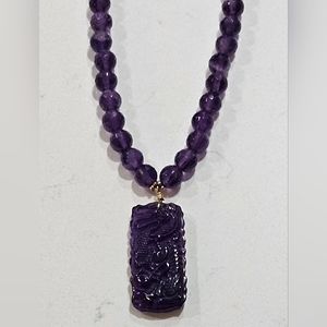 Vintage Amethyst Artisan Art Deco 14K Bead & Carved Pendant Necklace.